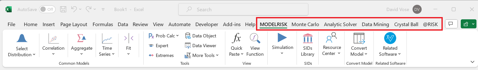 ModelRisk risk analysis software ribbon